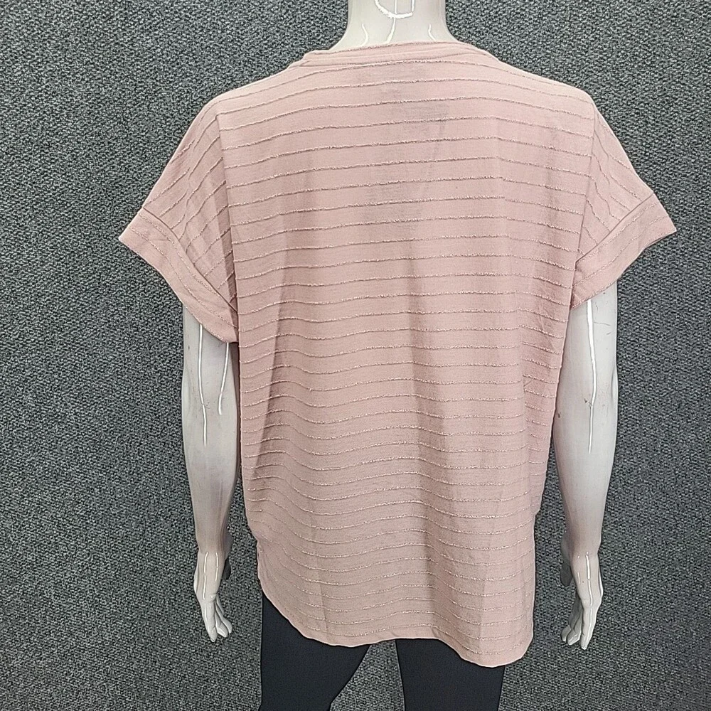 Ellen Tracy Women's Top X-Large Size Pink Short Sleeves Blouse w Glitter Stripes